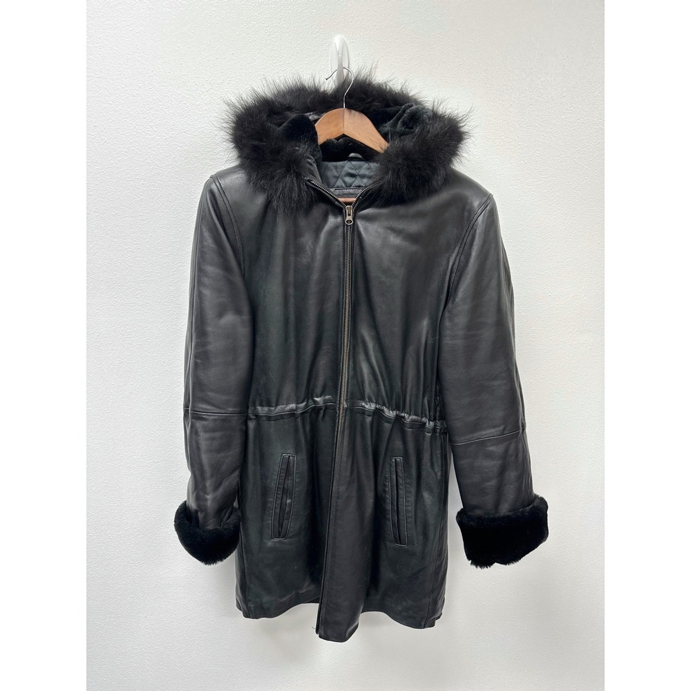 Vintage Collezione Cinched Waist Hooded Fur Trim Leather Jacket‎ S